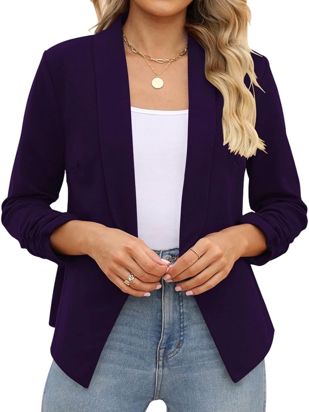 Women’s 3/4 Sleeve Blazer Open Front Cardigan Jacket Work Office Blazer - Picture 2 of 6